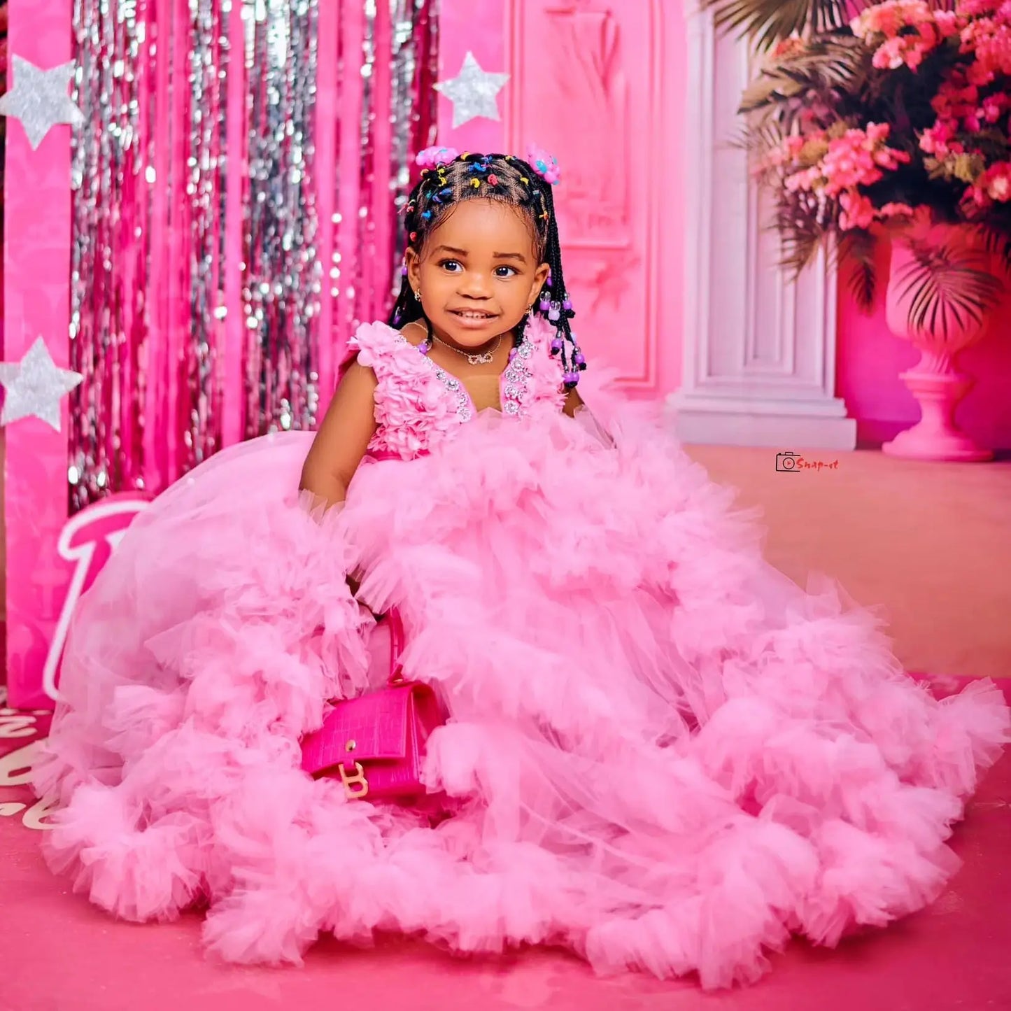 Luxury Pink Kids Birthday Dresses Beading Ruffles Flower Girl Dresses for Wedding Baby Girls Prom for Photoshoot