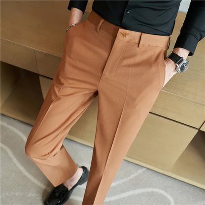 Autumn Mens Fashion Embroidered Trousers Korean Business Dress Solid Suit Pant Formal Office Social Slim Fit Casual Suit Pants
