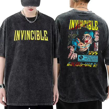 Hot Anime Invincible Washed Cotton Tshirt Anime Lover Couples Plus Size Unisex Mark Grayson Clothing High Quality Top