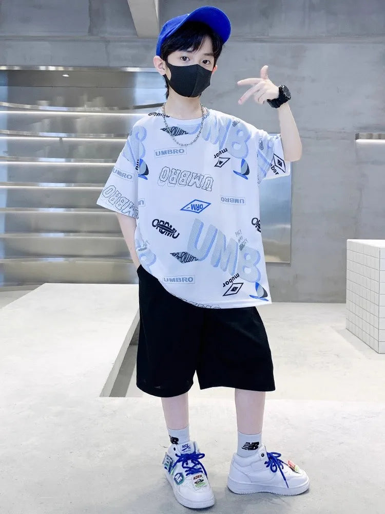 Summer Boys Alphabet Quick-dry T-Shirt Top+Shorts Pant Sportswear Set School Kids 2PCS Tracksuit Children Jersey Outfit 5-16 Yr