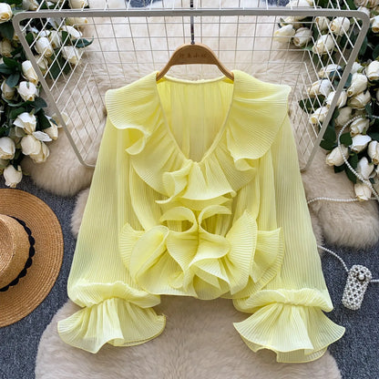 Ruffles Pleated Romantic Tops Thin Spring Summer V Neck French Elegant Blouse Fairycore Flowy Office Lady Luxury Shirt