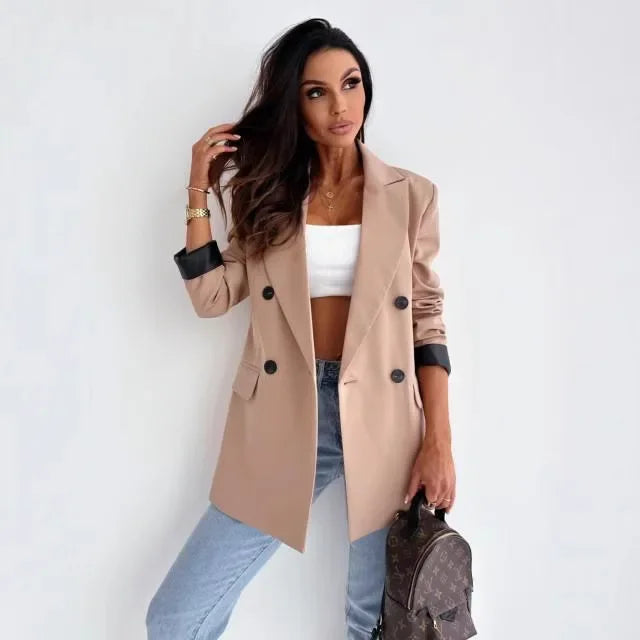 Autumn Winter New Style Women's Suit Coat Long Sleeve Double Buttoned Outerwear Top Cross-Border Fashion Polyester Fiber