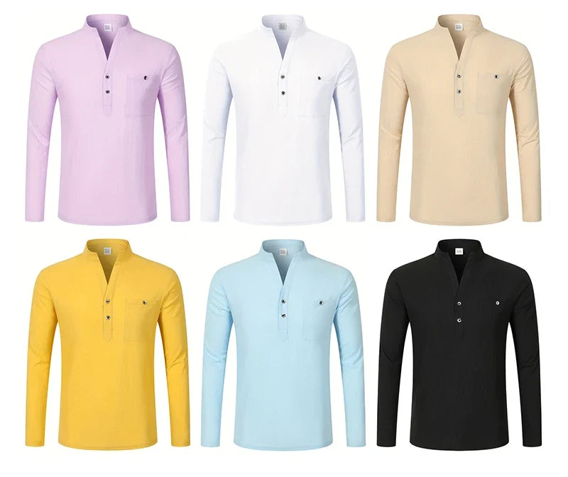 Men Mandarin Collar Long Sleeve Henley Cotton Linen Shirt With Chest Pocket Breathable Lightweight Beach Travel Daily Casual Top