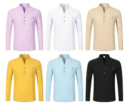 Men Mandarin Collar Long Sleeve Henley Cotton Linen Shirt With Chest Pocket Breathable Lightweight Beach Travel Daily Casual Top