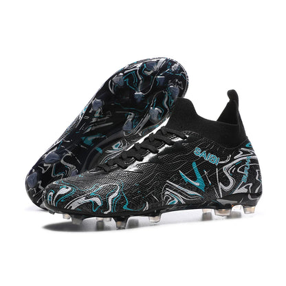 High-top football boots with long FG studs and TF studs,suitable for both men and women,featuring breathable and non-slip design