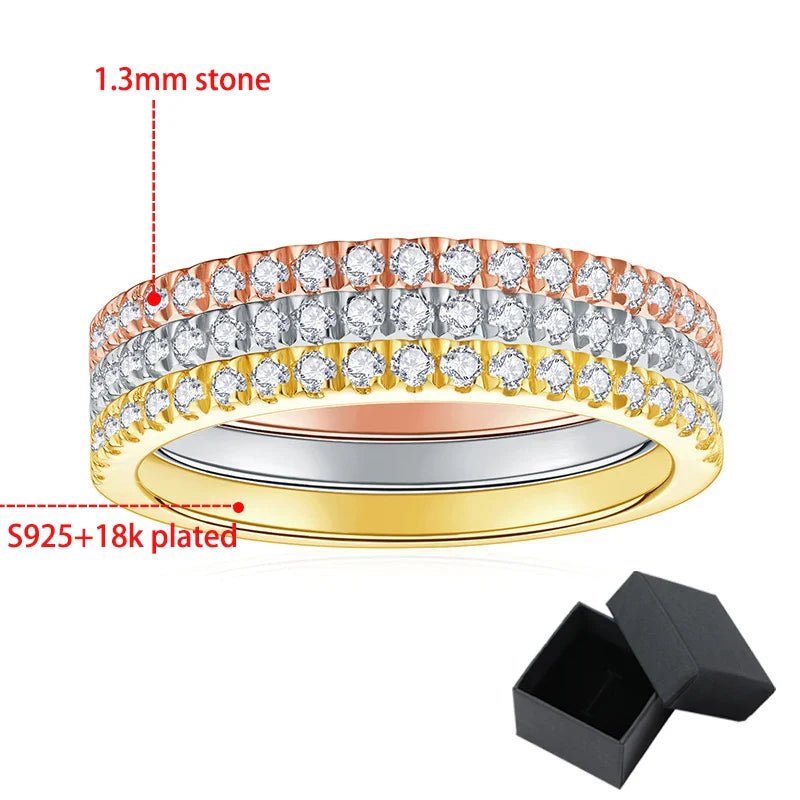 3pcs 0.2ct Moissanite Eternity Ring for Women Men 1.3mm 18k Gold Plated Sterling Silver Wedding Moissanite Band Jewelry