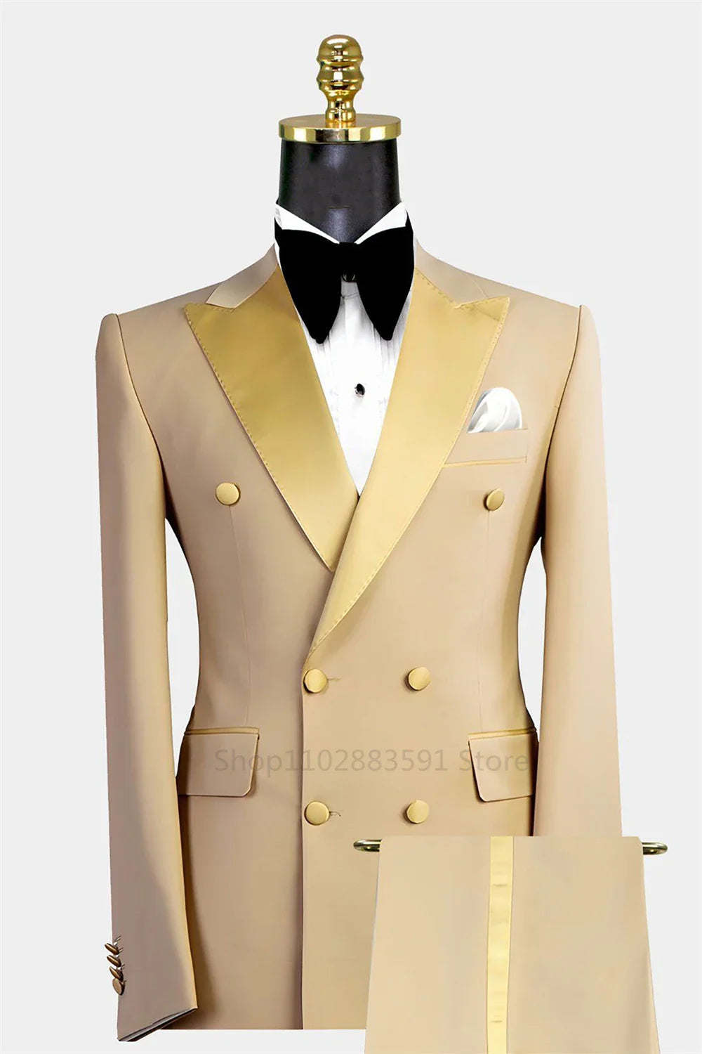Men's Suit Double breasted Tuxedos Formal Slim Fit Notch Lapel Party Solid Groom Khaki Suits For Wedding 2 Pieces（Blazer+Pants）