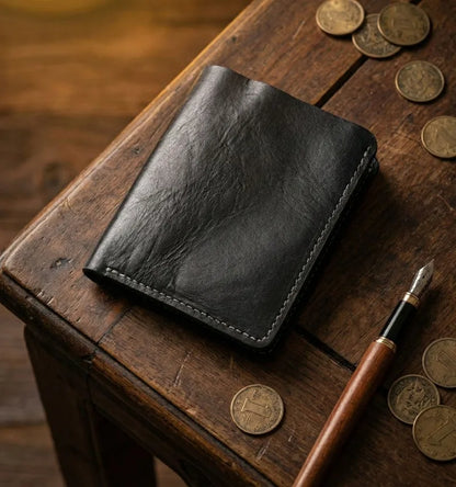 Ultra-Durable Men's Leather Short Wallet, Scratch-Resistant Hand-Rubbed Top Grain Leather Card Holder, Minimalist Travel Wallet