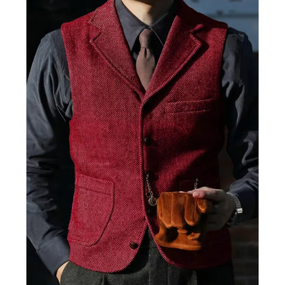 Men Vest Brown Herringbone With Lapel Single Breasted Waistcoat For Wedding Party Business Prom Work Daily Casual Men Suit Vest