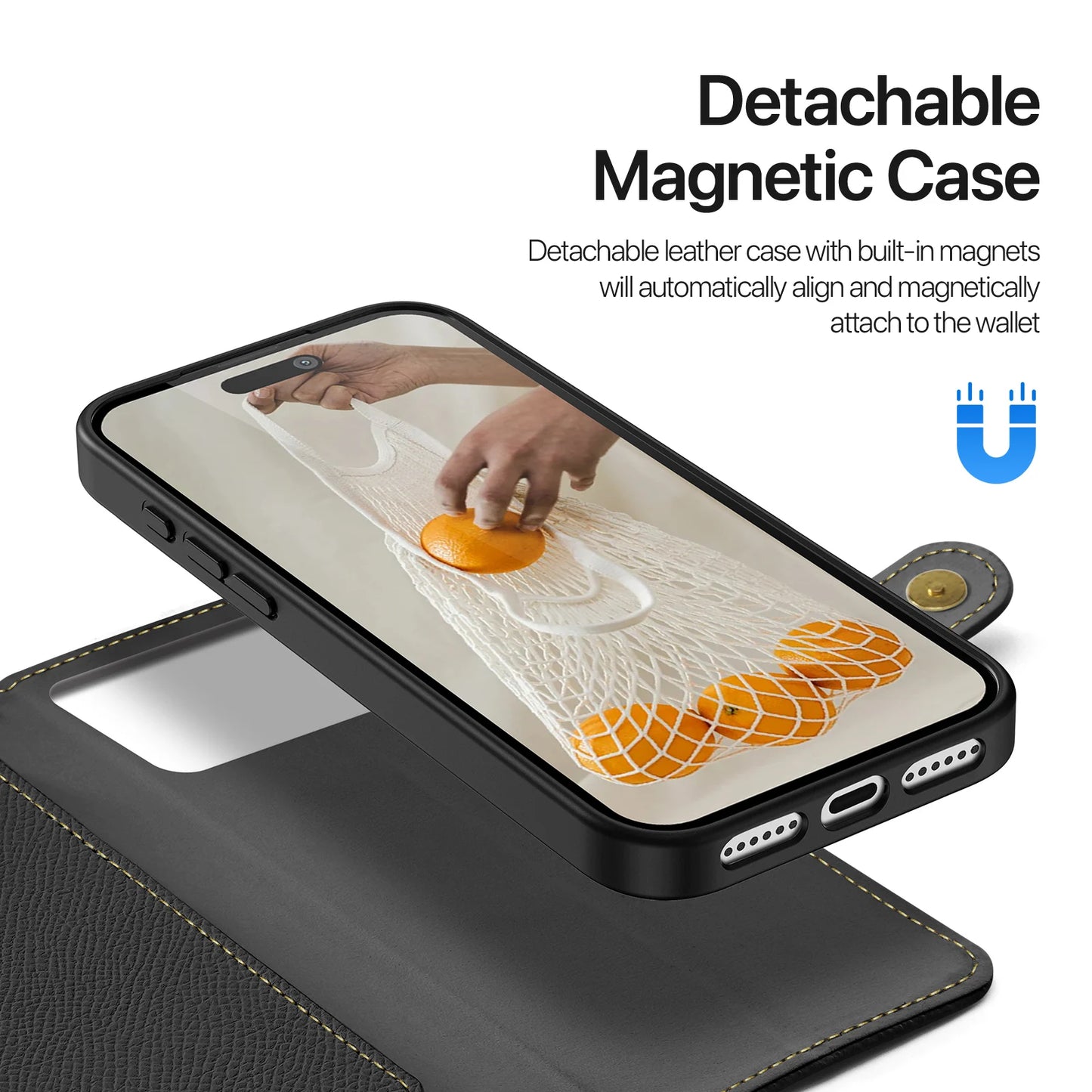 2in1 Magnetic Detachable Wallet Folio Case for iPhone 17 Pro Max/17 Air/16plus 15Leather Cover with Card Slots & Clasp