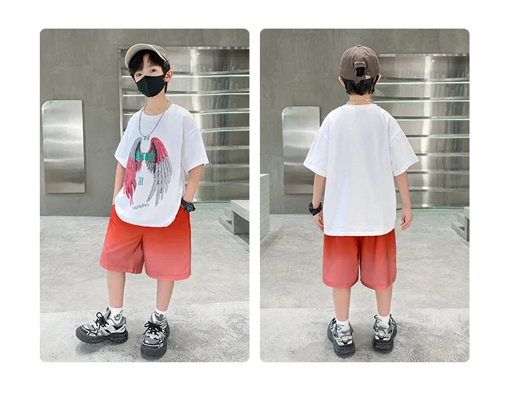 New Kids Boy Summer Clothing Set Cotton T-shirt With Wings Print + Shorts 2 Pieces Tracksuit Outfit for Child Suit Wear 5-14 T
