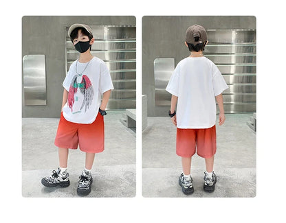 New Kids Boy Summer Clothing Set Cotton T-shirt With Wings Print + Shorts 2 Pieces Tracksuit Outfit for Child Suit Wear 5-14 T