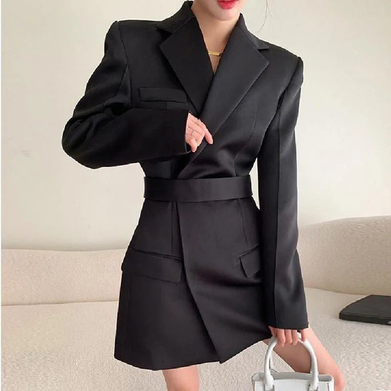Autumn New High End Waist Slim Blazer Jacket Women Casual British Mid Length Black Suit Coat Woman Elegant Chic Office Blazers