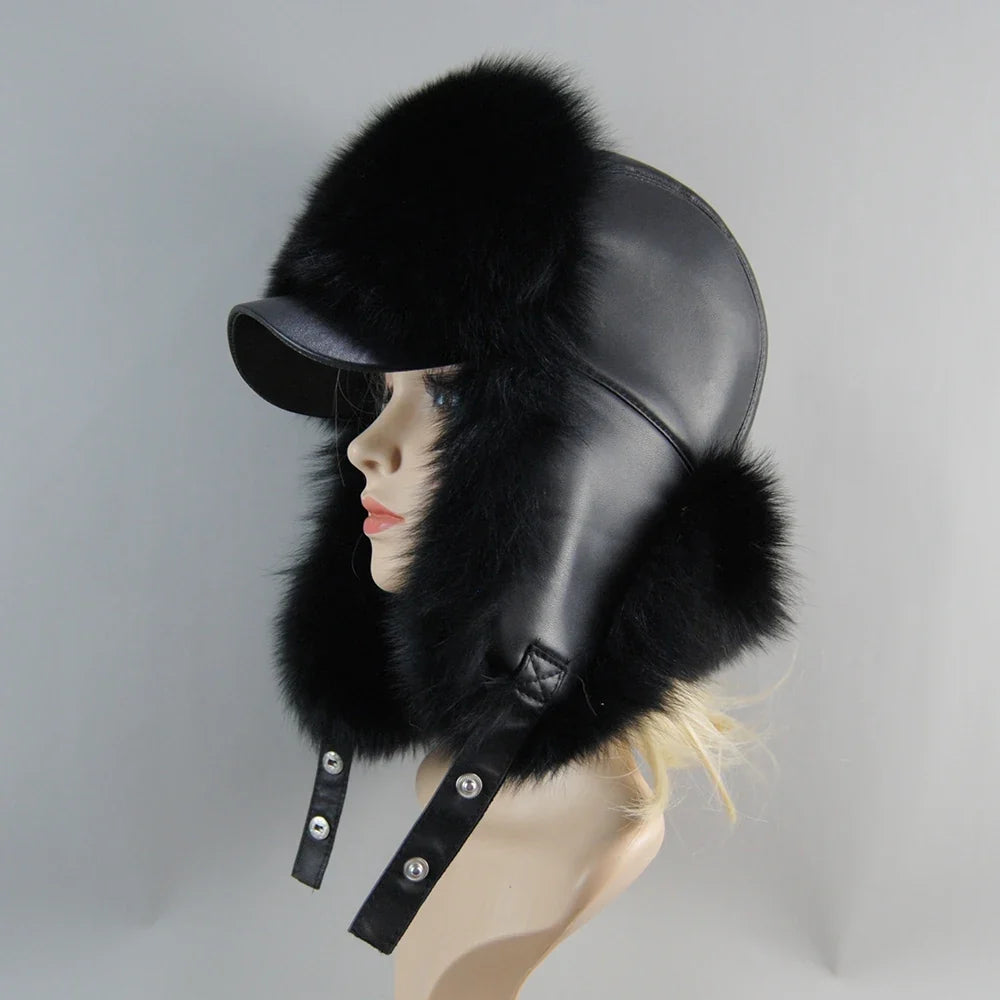 100% Real Fox Fur Hat Women's Russian Ushanka Aviator Trapper Snow Skiing Hat Caps Earflap Winter Raccoon Fur Bomber Hat