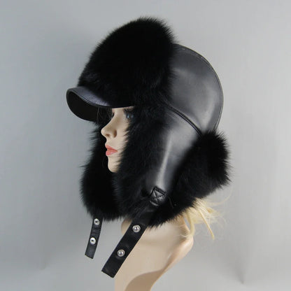 100% Real Fox Fur Hat Women's Russian Ushanka Aviator Trapper Snow Skiing Hat Caps Earflap Winter Raccoon Fur Bomber Hat