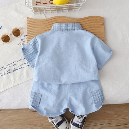 0-5Years New Baby Boys Girls Summer Clothes Sets Infant Kids Cartoon Splicing Plaid Shirt+ Shorts 2pcs/outfits Children Clothing