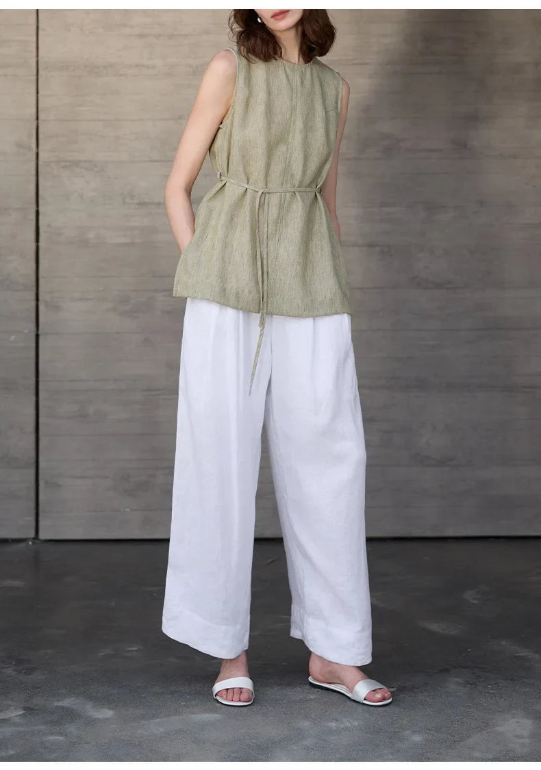 100% Linen Mid-Length Round Neck Women's Tank Top American Vintage Ladies Top Mujer Summer Lace-up Loose Sleeveless Tops