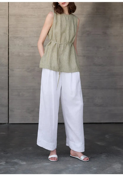 100% Linen Mid-Length Round Neck Women's Tank Top American Vintage Ladies Top Mujer Summer Lace-up Loose Sleeveless Tops