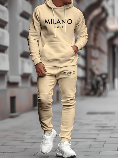 Men's Autumn/Winter Casual Warm MILANO ITALY Letter Printed Loose Thick Velvet Sports Hoodie+Sweatpants Set