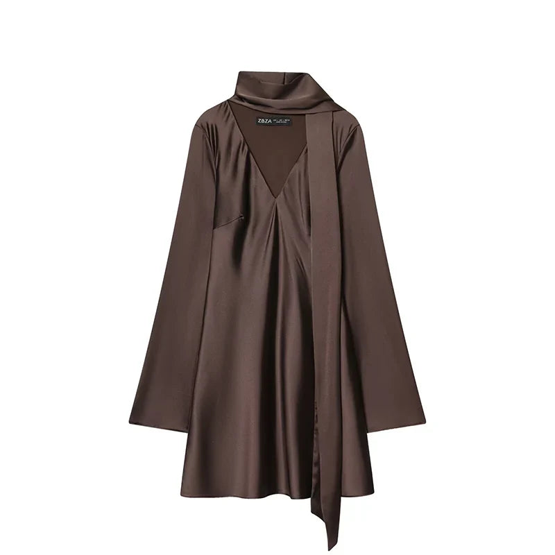Women Fashion Satin Elegant Short Dress Summer Autumn New Long Sleeve Scarf V neck Mini Dress Female Elegant Party Dresses