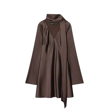 Women Fashion Satin Elegant Short Dress Summer Autumn New Long Sleeve Scarf V neck Mini Dress Female Elegant Party Dresses