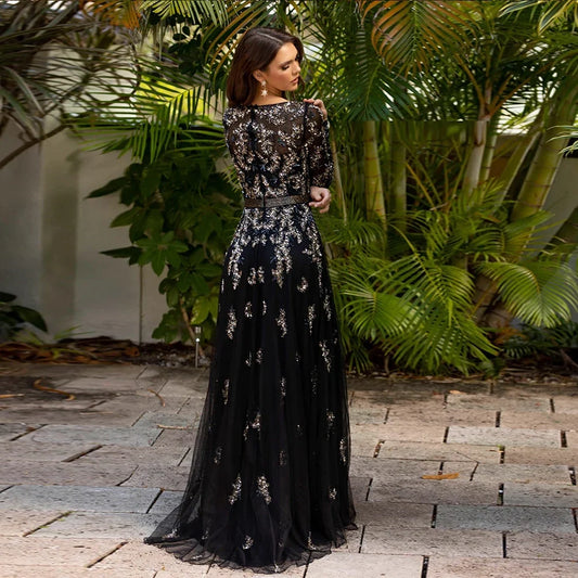 Customized Evening Dresses For Woman With Long Sleeve O Neck Floor Length Glitter Applique A Line Elegant Suadi Prom Party Gown