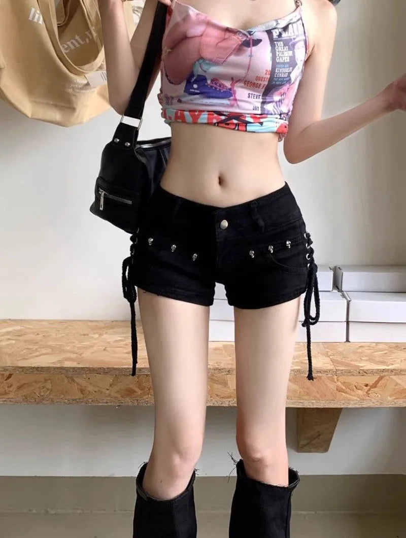 Black Gothic Punk Denim Shorts for Women Creativity Lace-Up Popular Y2K Cowboy Short Pants Lady Sexy Skinny Elastic Jean Shorts