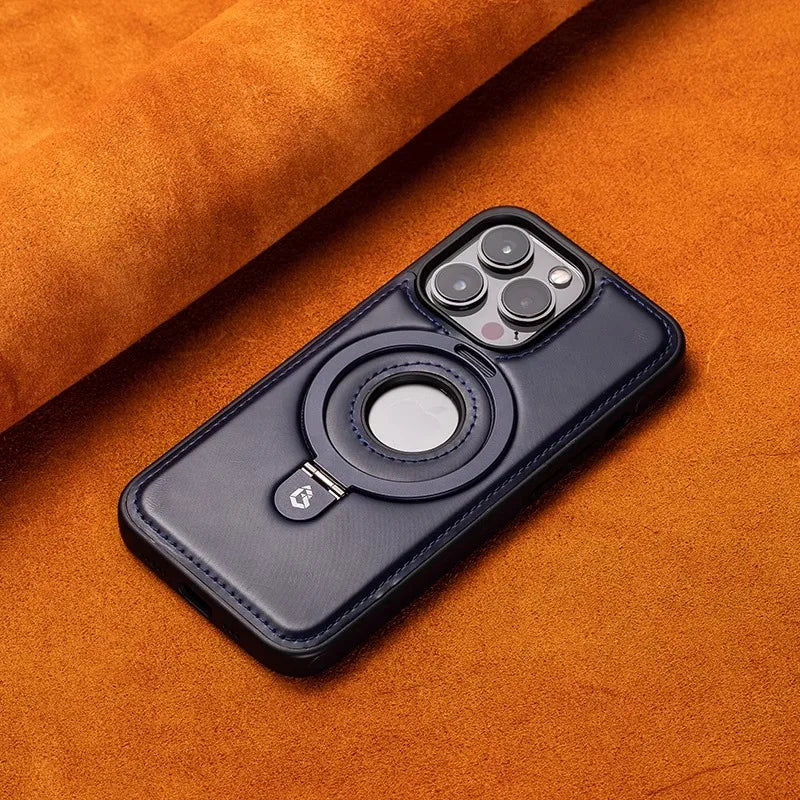 Luxury Leather Metal Magnetic Ring Stand Magsafe Case For iPhone 17 16 15 14 13 12 Pro Max Plus 17Air Business Hollow Logo Cover