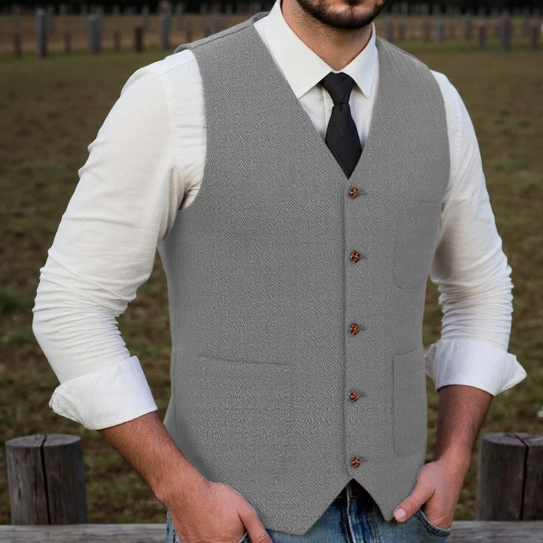 Men Vest Brown Herringbone Single Button With Pocket Waistcoat For Wedding Party Business Work Office Daily Casual Men Suit Vest