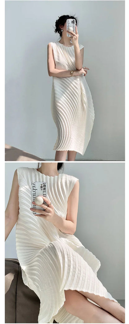 Miyake Hand Circle Pleated Sleeveless Dress Designer Long Round Neck Elegant Loose Summer Korean Style Aesthetic Clothes