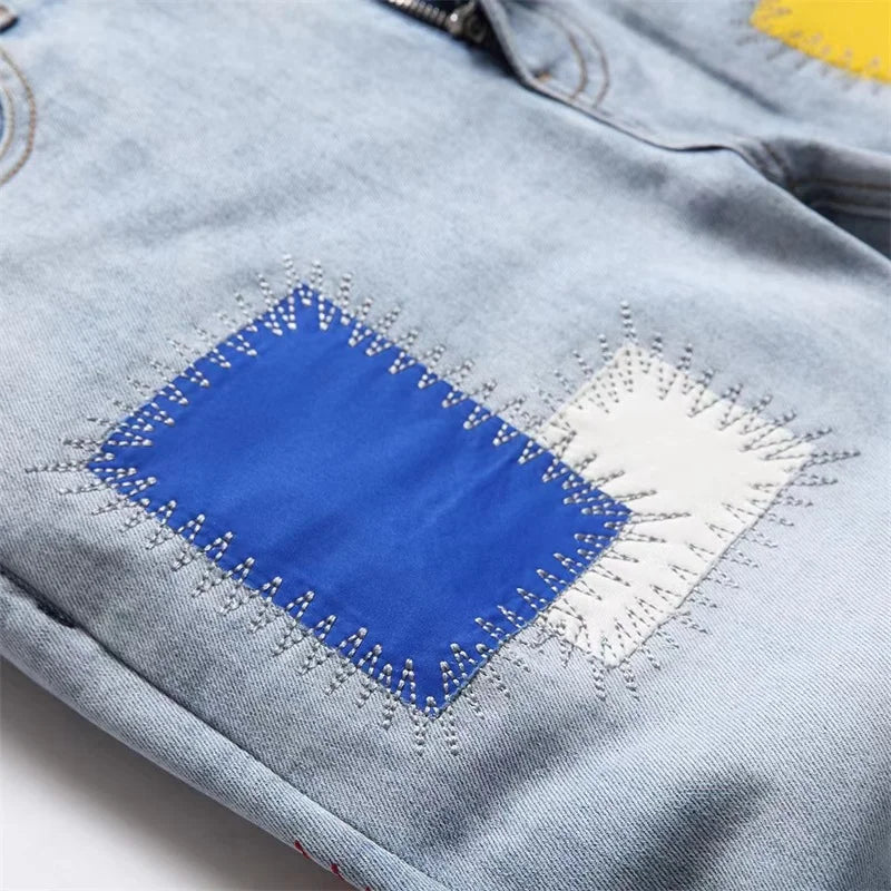 Men's Embroidered Jeans Rainbow Square Cloth Pure Cotton Stretch Slim Pants Scraped White Wearable High Street Color Patch 2025