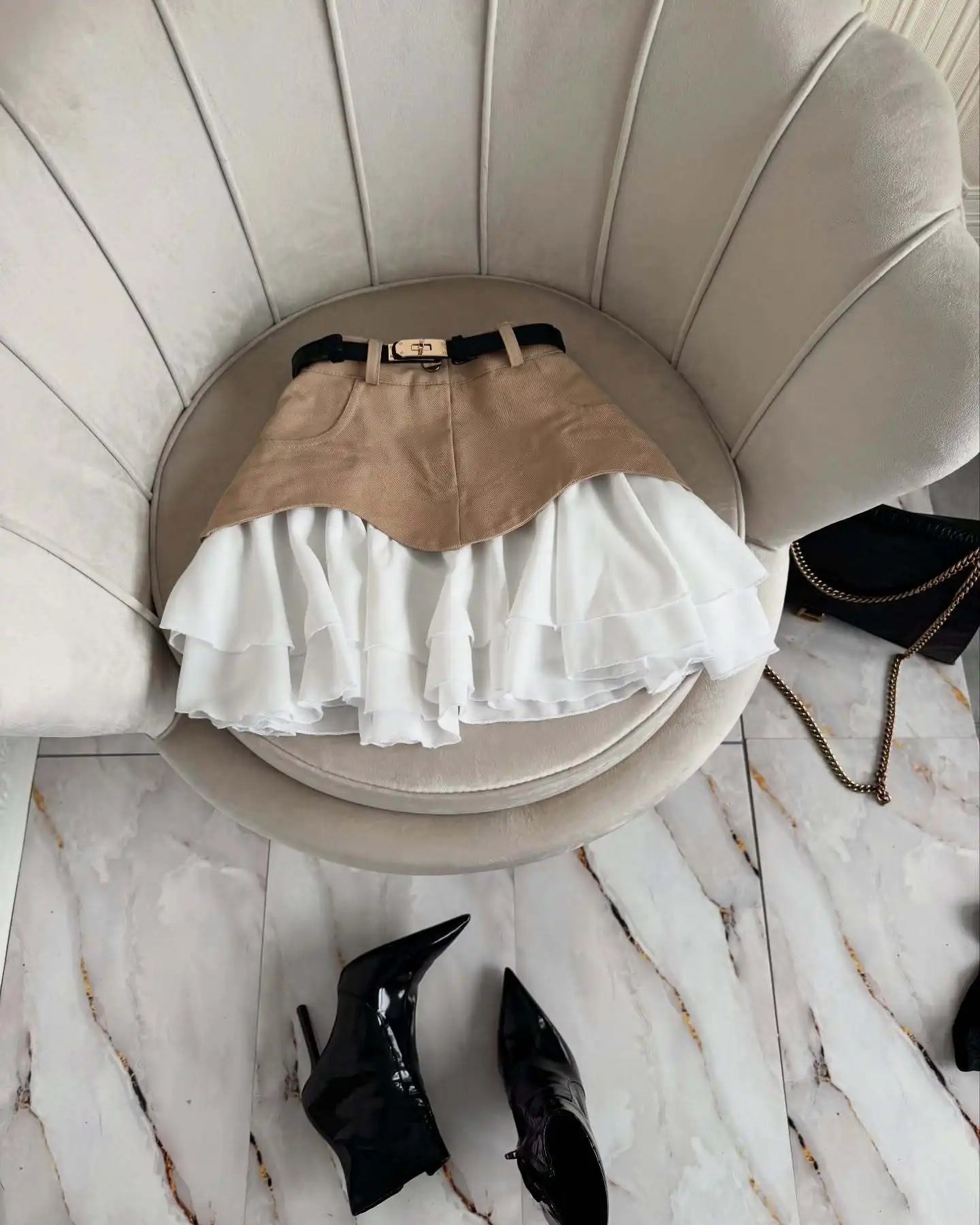 Denim Cake Skirt Women A Line Short Skirts High Waist Ruffles Elegant Splice Y2k Streetwear Party Pleated Slim Fit 2025 Spring