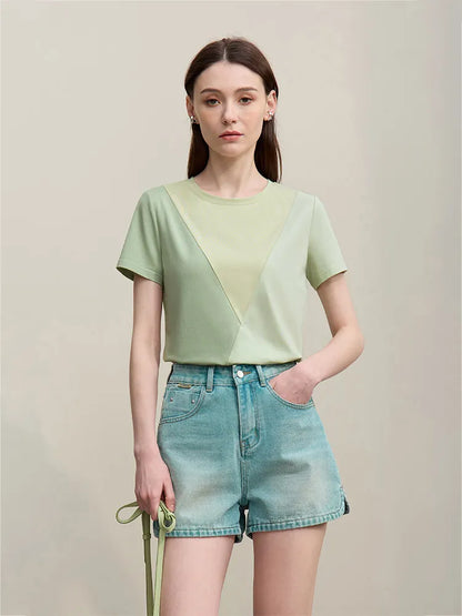 O-Neck Women's T-Shirt 2026 Summer New Stretch Cotton Tee Color Block Versatile Casual Straight Short Sleeve Tops 12622177