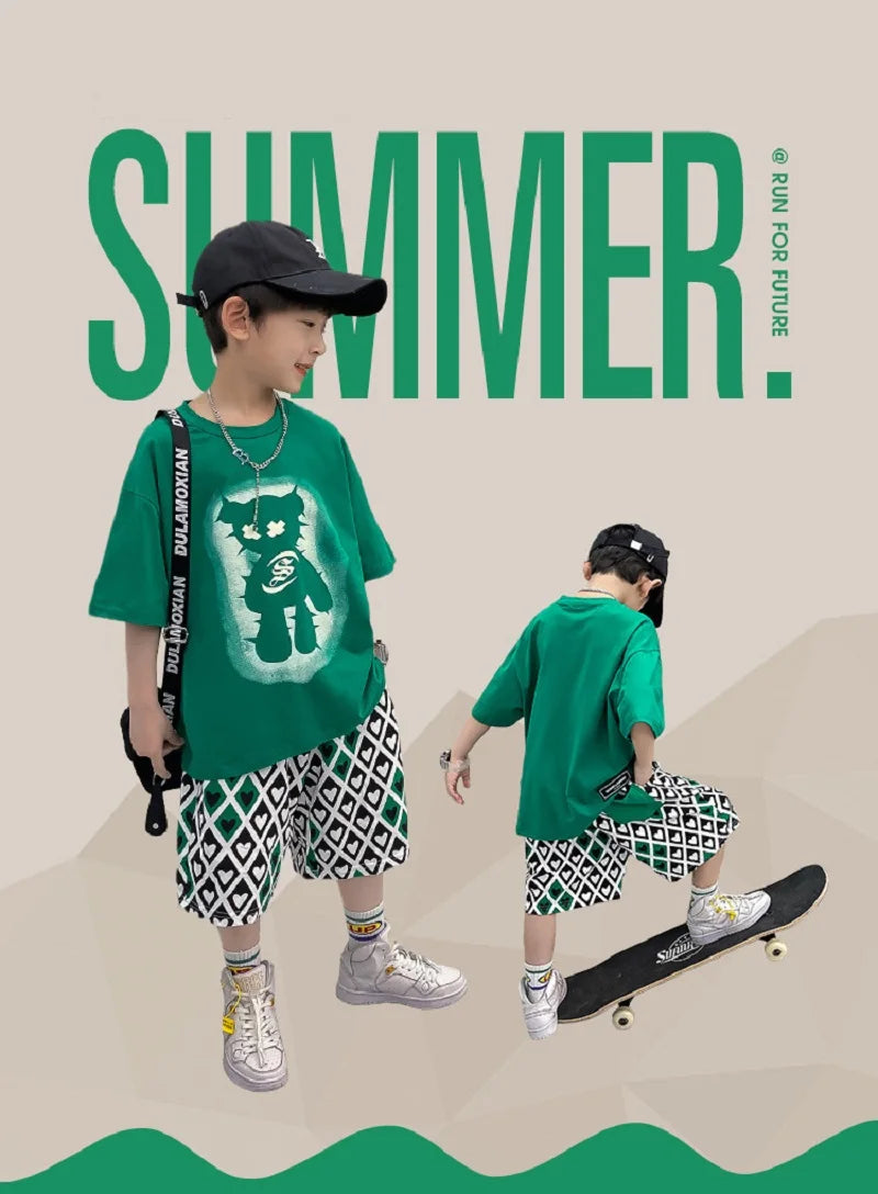 Summer Boys Cotton Short-Sleeved T-shirt Tops+Drawstring Shorts Pant School Kids 2PCS Tracksuit Child Outfit Workout Set 3-14 Yr