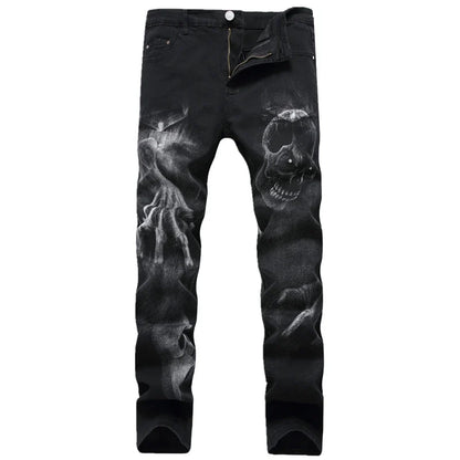 2026 Men's Blue 3D Printing Jeans, Black Wolf Pattern Printed Punk Straight Cotton Casual Print Denim Pants Asian Size 28-42