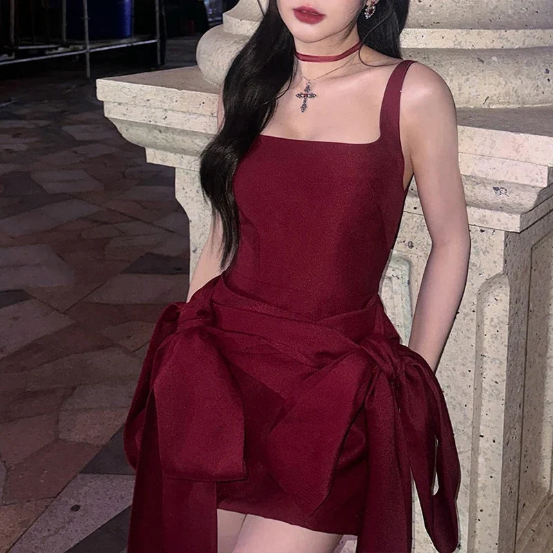 Fashion Red Bowknot Mini Dress Straps Square Collar Sleeveless Backless Vintage Cute Ladies Slim Party Short A-line Dresses