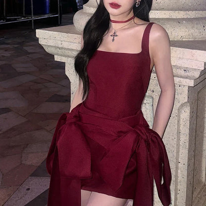 Fashion Red Bowknot Mini Dress Straps Square Collar Sleeveless Backless Vintage Cute Ladies Slim Party Short A-line Dresses