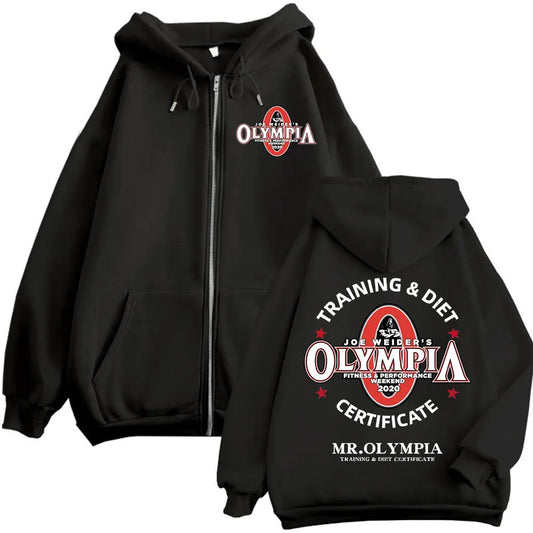 Training Diet Certifiate Mr Olympla Graphic Zipper Hoodie Men Women Gym Fitness Zip Up Sweatshirt Casual Fashion Loose Pullovers