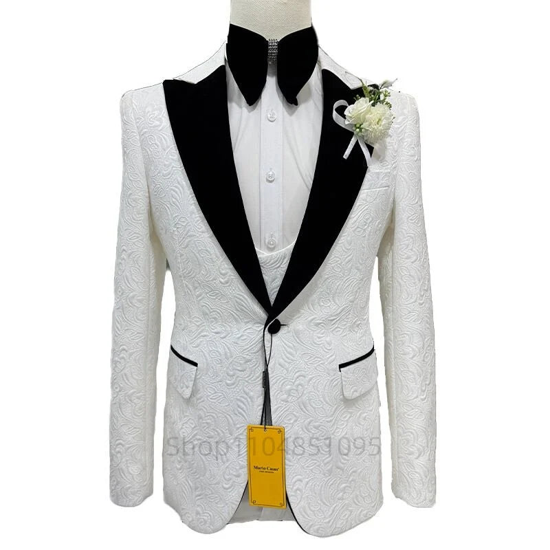 Ivory Jacquard Men Suits Peak Lapel Business Wedding Groom Tuxedos Slim Fit Blazer Vest Pants for Prom 3 Pieces Costume Homme