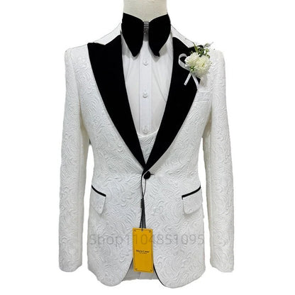 Ivory Jacquard Men Suits Peak Lapel Business Wedding Groom Tuxedos Slim Fit Blazer Vest Pants for Prom 3 Pieces Costume Homme