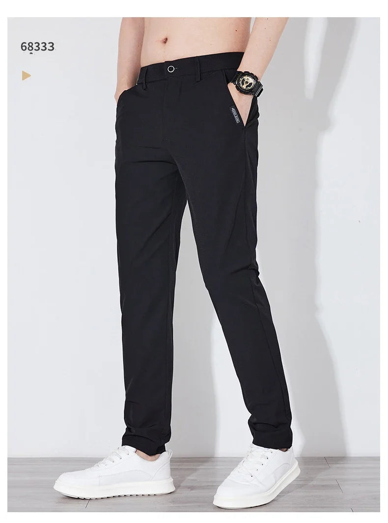 Summer Silk Stretch Smooth Trousers Men Business Elastic Waist Korean Classic Thin Cool Black Gray Casual Suit Pants Male Brand