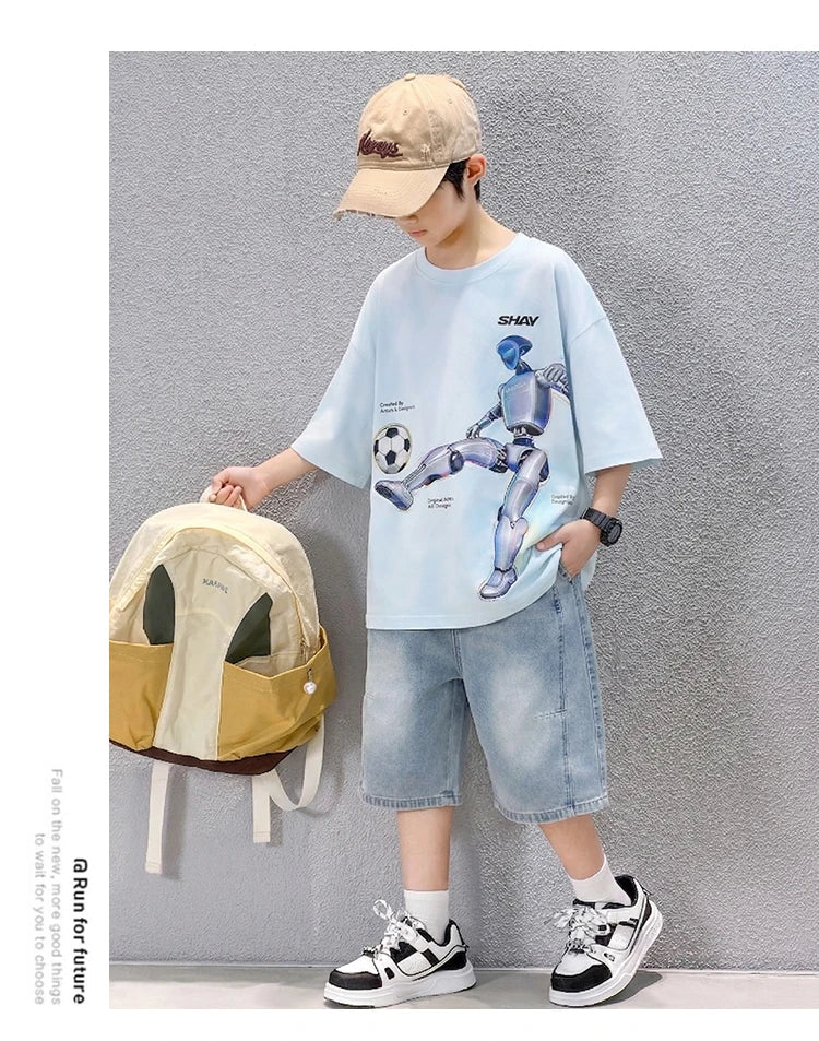 Tween Boys Summer Sets Clothing Child Tshirt Denim Shorts Two Pieces Sports Suit For Kids Teenagers 5 6 7 8 9 10 11 12 13 14 Yrs