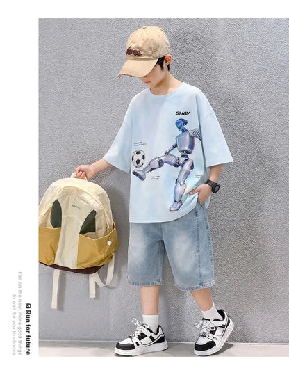 Tween Boys Summer Sets Clothing Child Tshirt Denim Shorts Two Pieces Sports Suit For Kids Teenagers 5 6 7 8 9 10 11 12 13 14 Yrs