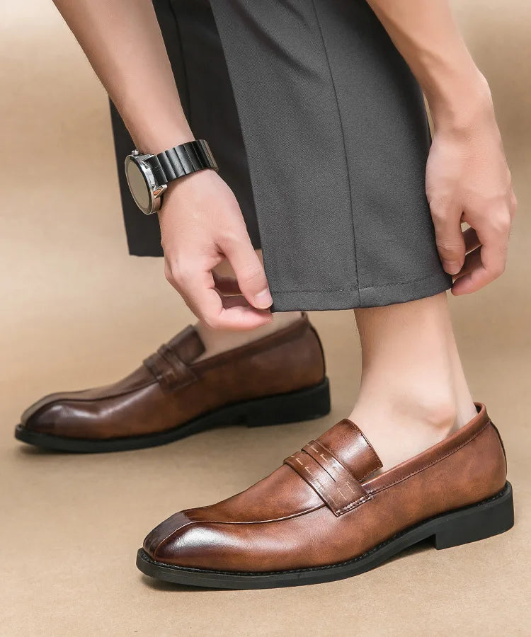 Men's Large Size Thick Bottom Heightening Painted Surface Slip-On Loafers Shoes with Rubber Sole And Ultra Leather Material