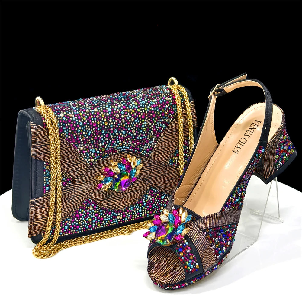 2025 Elegant Women's Peep-Toe Heels & Wine Color Diamond Pumps Set - Chic Italian Footwear & Matching Bags for Parties