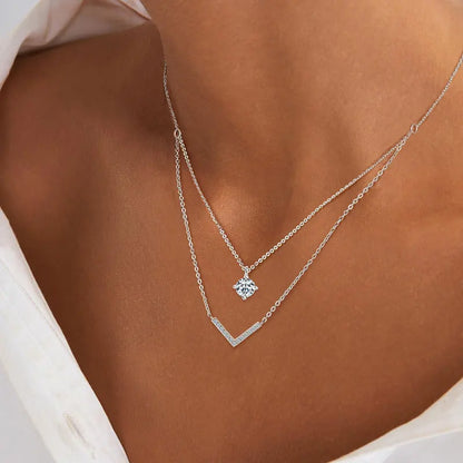 Certified Moissanite V-shape Pendant Double Necklaces Chains for Women S925 Sterling Silver Fine Jewelry Gifts Collares