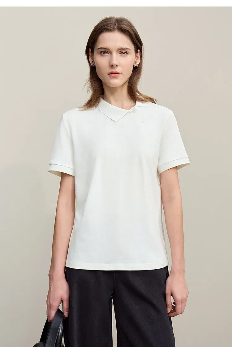 Women's Polo Shirt 2026 Summer Asymmetric Placket Short Sleeve Tee Lapel Collar Casual Layering T-Shirt For Women 12622015