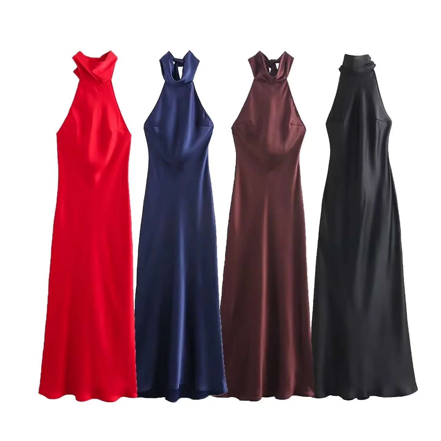 Dress for Women Fashion 2024 Autumn New Bow Sexy Backless French Elegant Halter Neck Satin Texture Midi Dresses