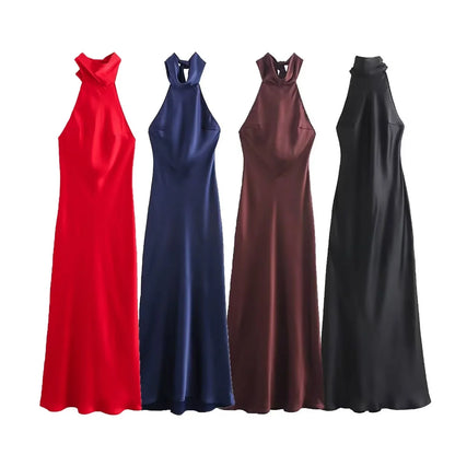 Dress for Women Fashion 2024 Autumn New Bow Sexy Backless French Elegant Halter Neck Satin Texture Midi Dresses