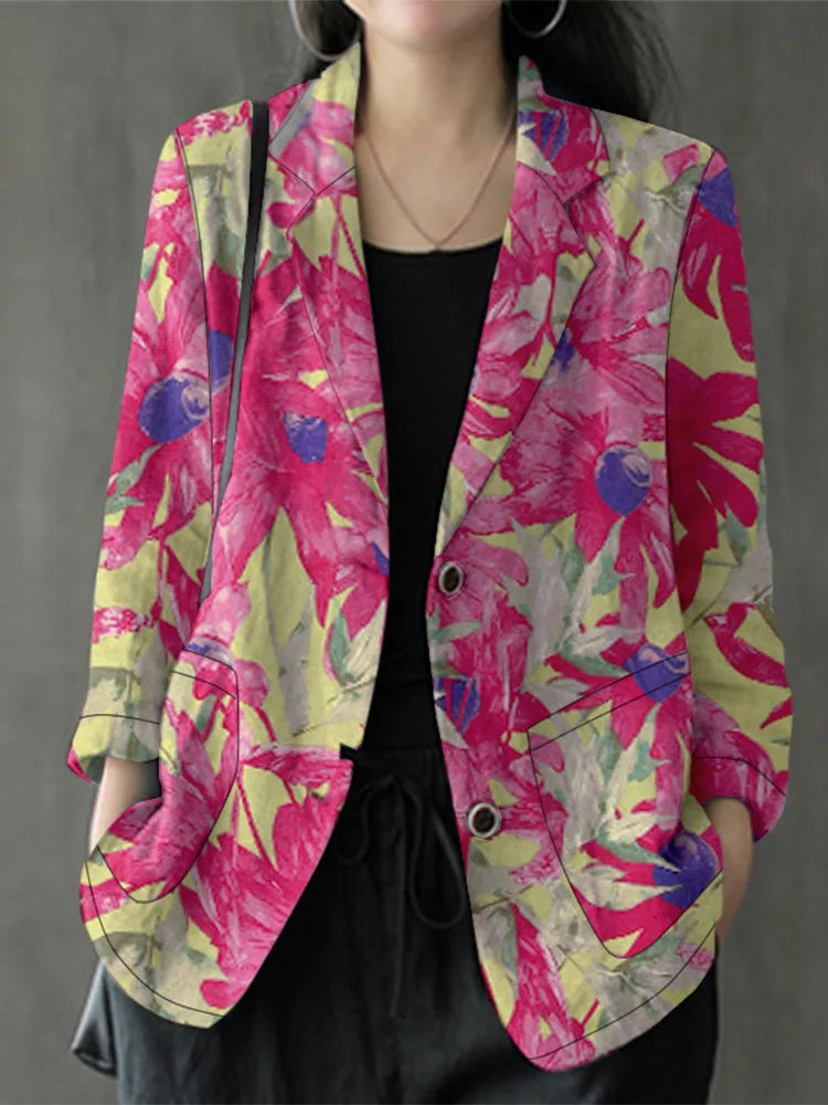 Women Lapel Neck Long Sleeve Blazer Autumn Vintage Casual Solid Cotton Blazer Elegant Cardigan Thin Coats Work Suits